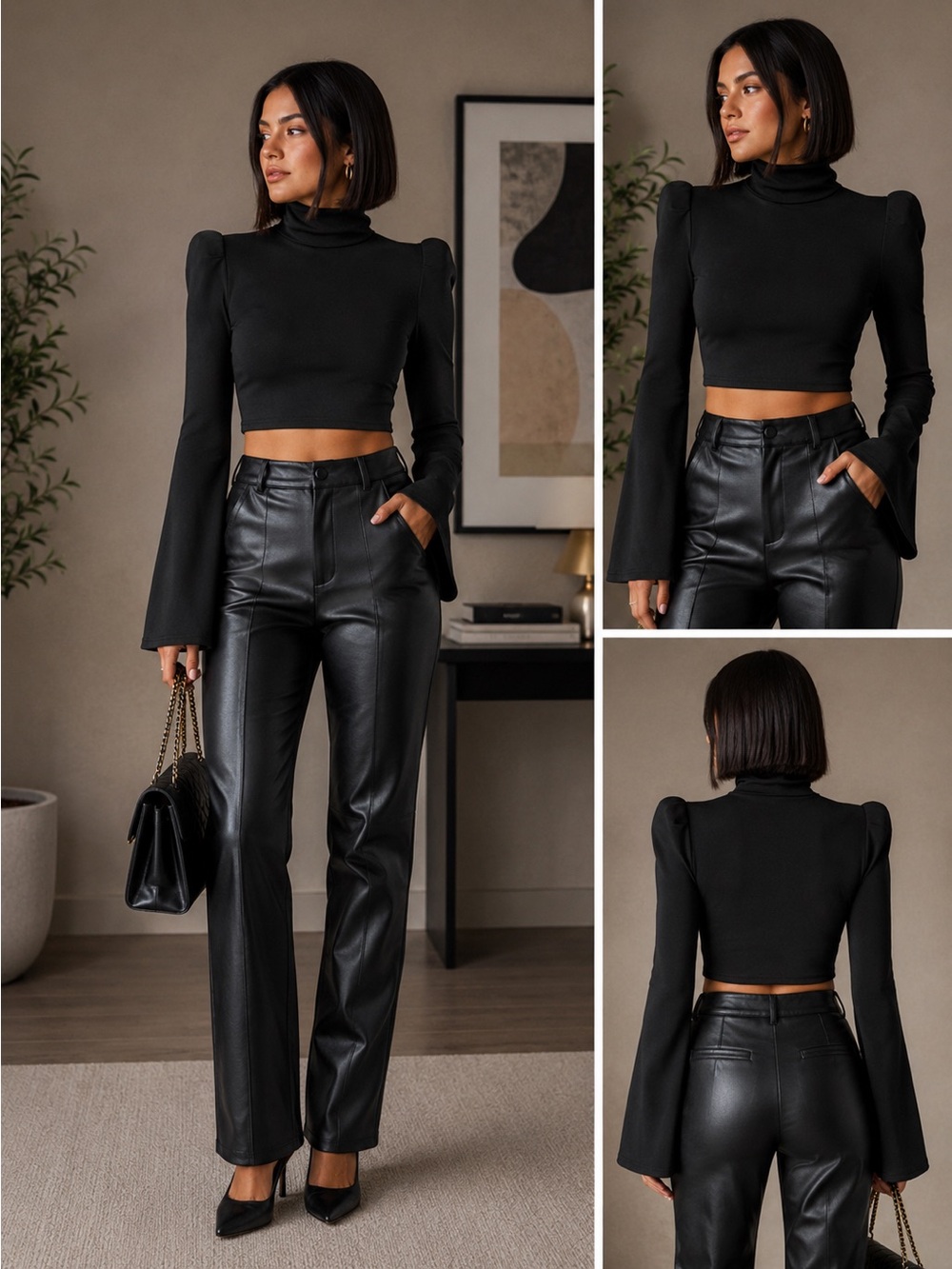 Black Crop Turtleneck with Shoulder Pads.
